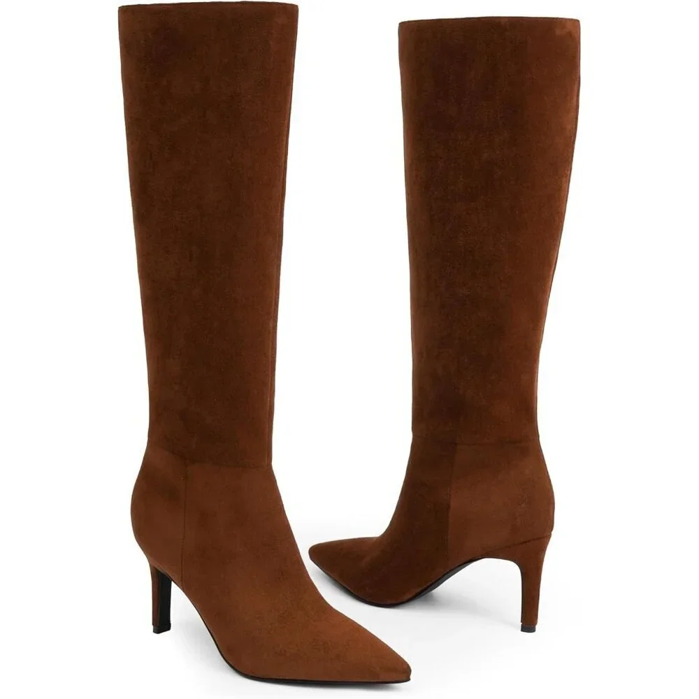Women Brown Suede Faux Leather Pointed Toe Tall Stiletto High Zipper Dress Boot
